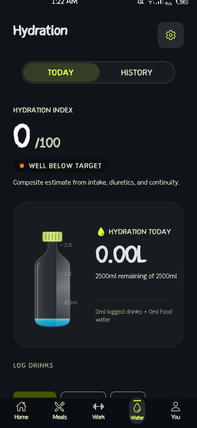 Vitarix hydration screen with water bottle illustration and daily intake progress