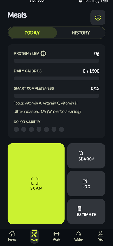 Vitarix meals screen with AI food scanner showing protein, calories, and smart completeness score