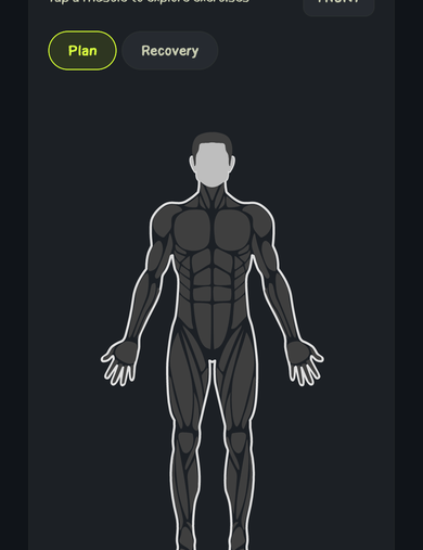 Vitarix Muscle Map: anatomical illustration showing muscle groups, with Plan and Recovery modes