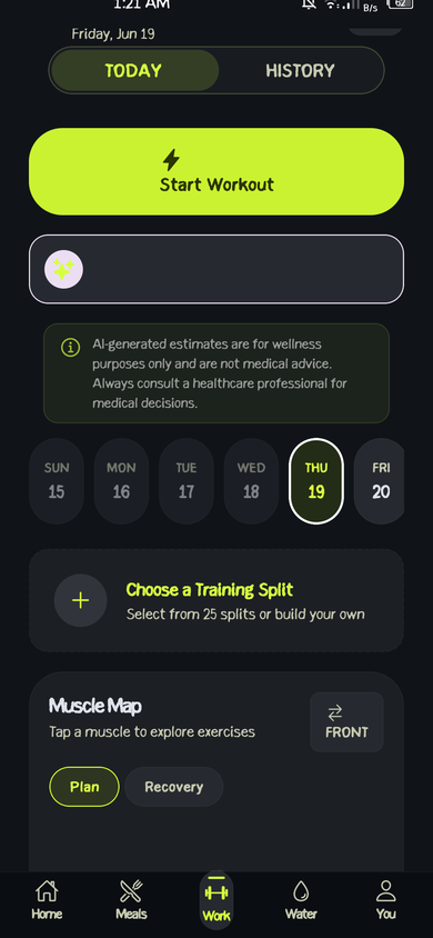 Vitarix workout screen with Start Workout button, training split selector, and muscle map
