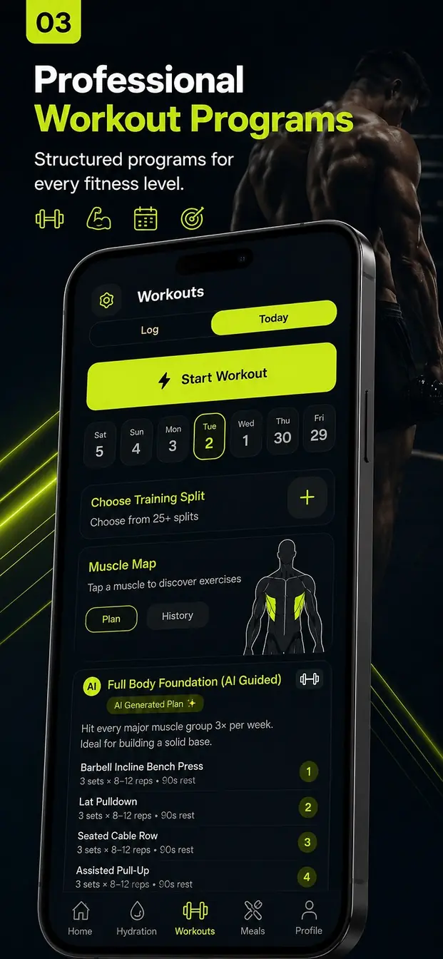 Vitarix workout screen with training plan and exercise tracking